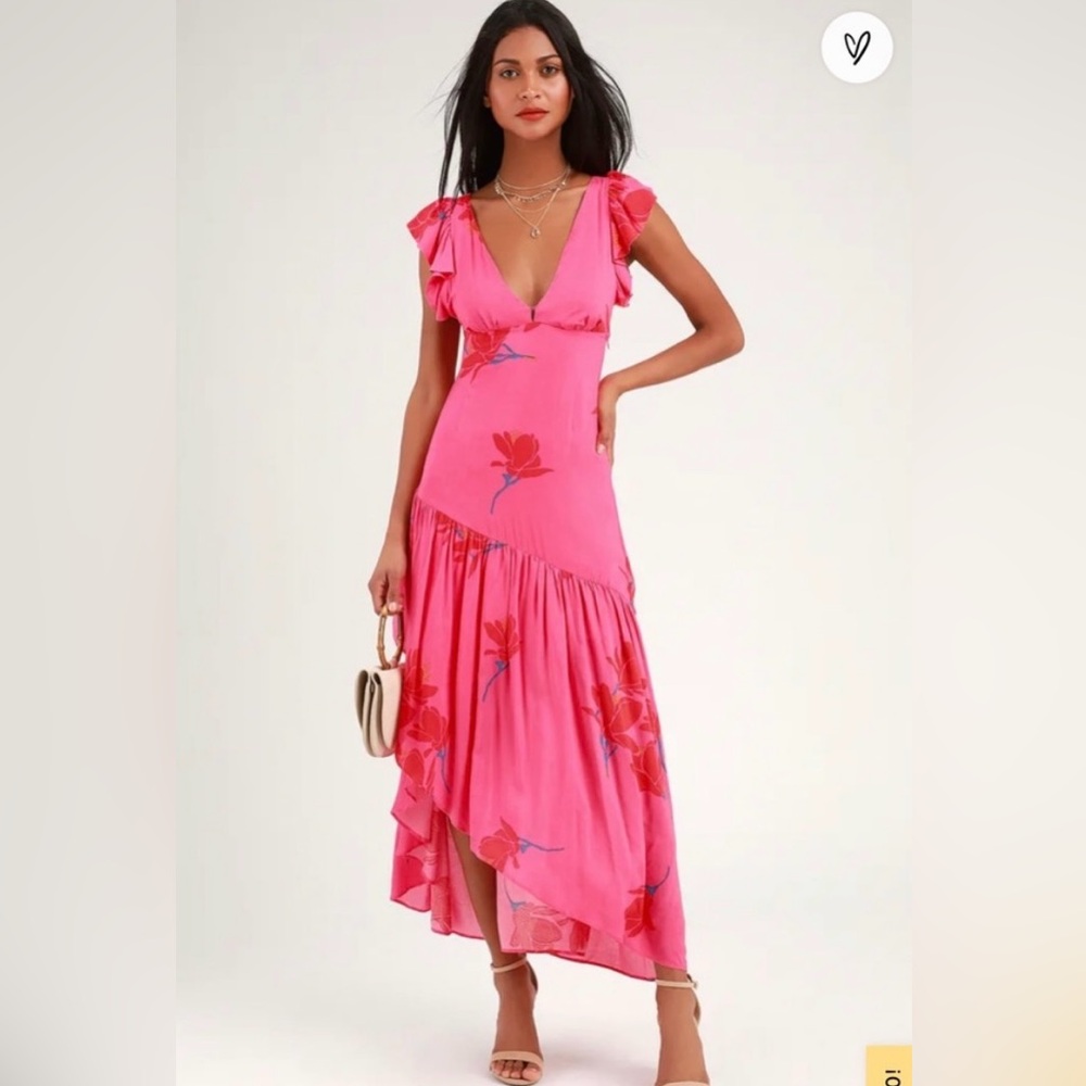 Free People She’s a Waterfall Hot Pink Floral Print Ruffled Maxi Dress Size 8